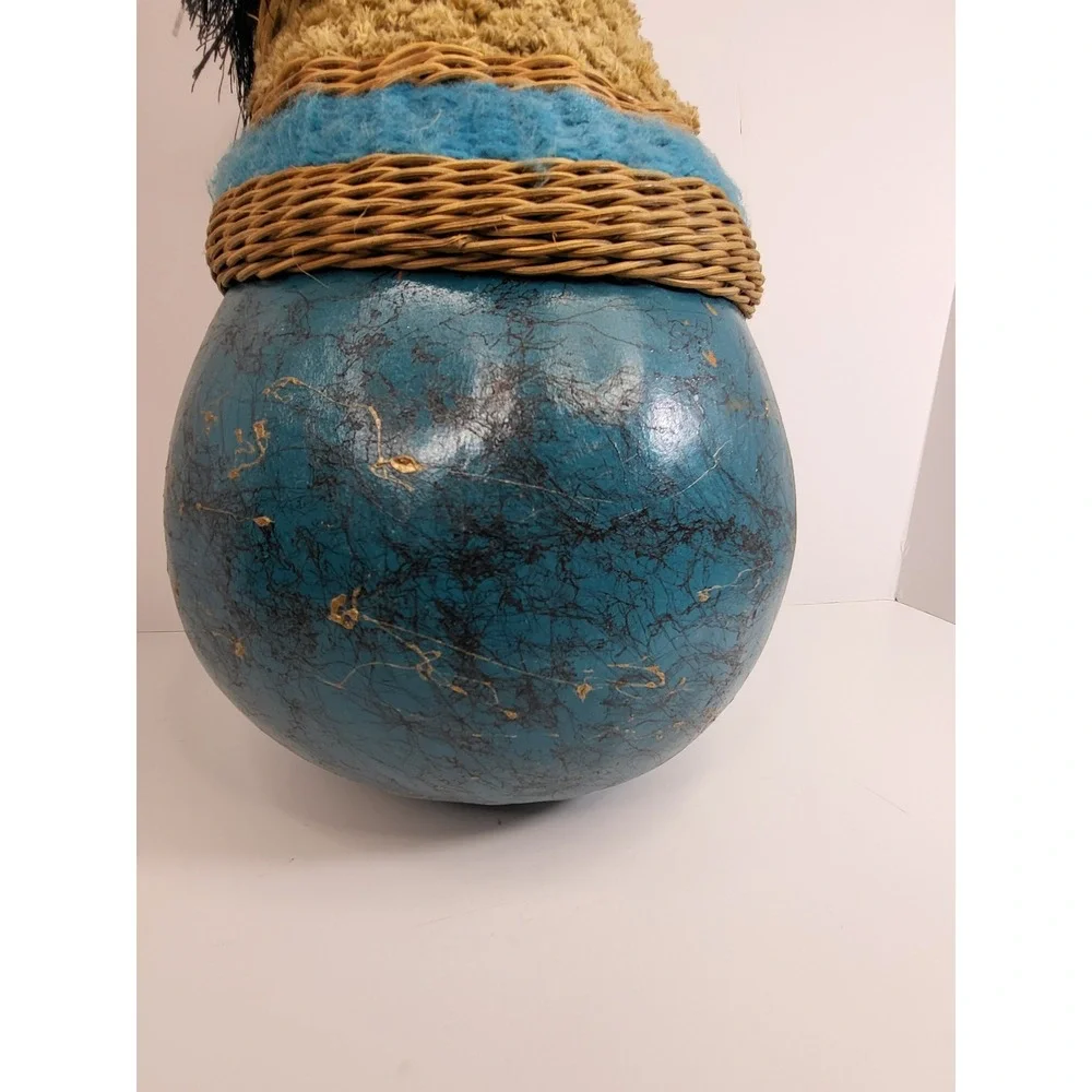 Handmade Mixed Media Gourd Vase Woven Wicker Textile Teal Blue Boho Decor 12in